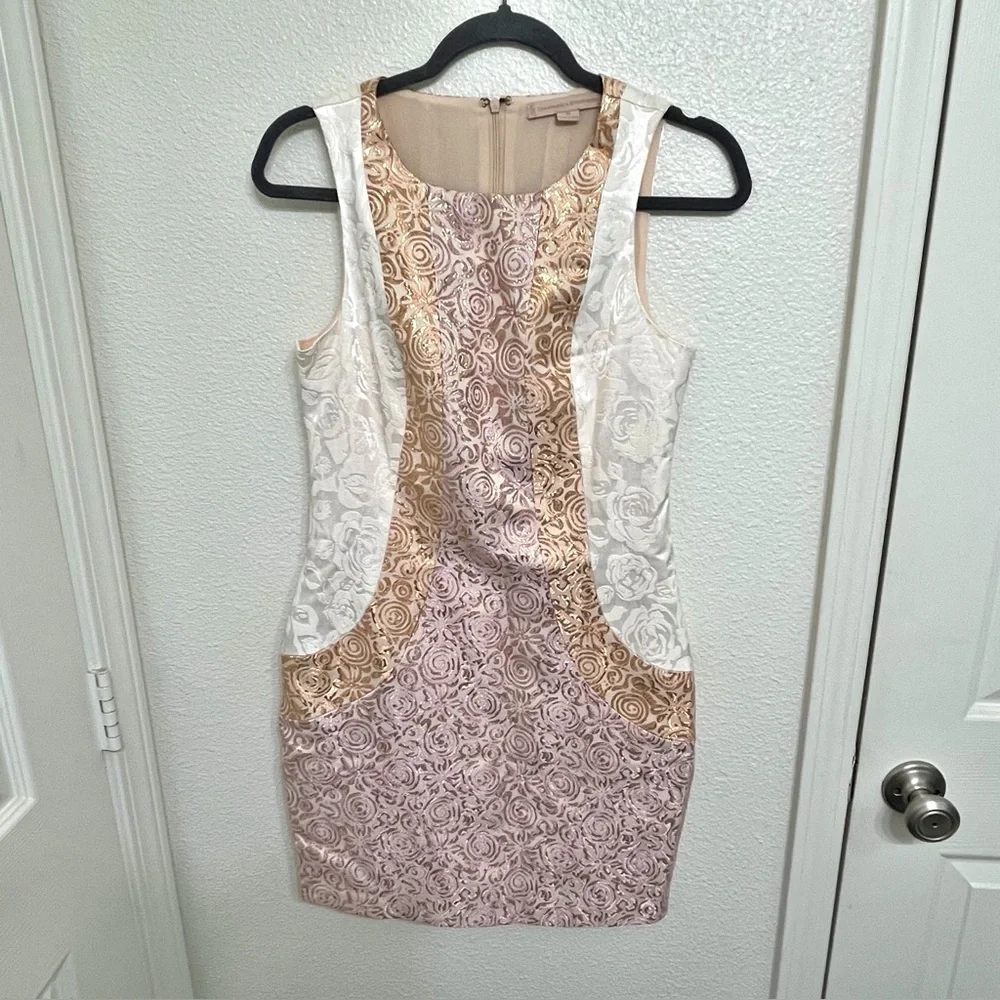 Champagne & Strawberry Metallic Brocade Sheath Dress Gold Purple Pink M